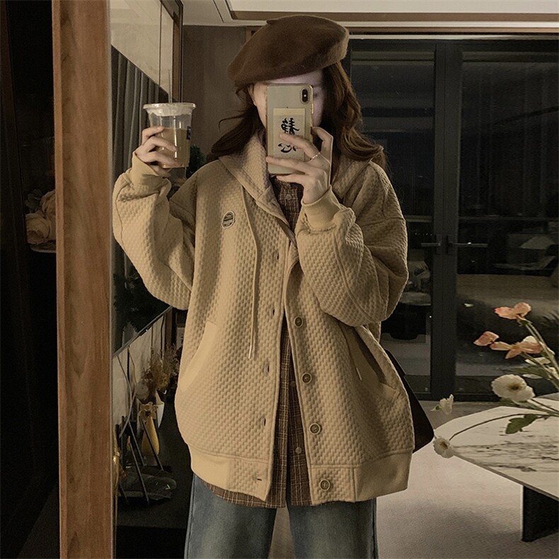 A339-P98军绿色华夫格oversize连帽棒球服春秋设计感新款外套,女装短外套,星座911