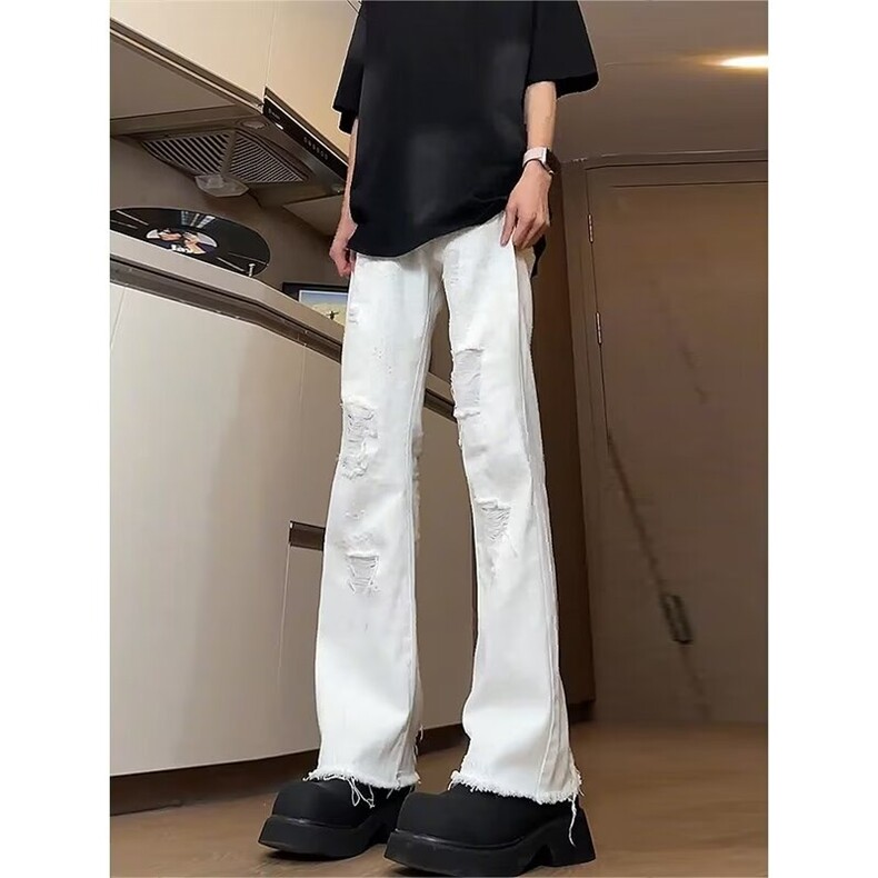 白色潮牌复古破洞修身微喇牛仔裤男cleanfit美式高街裤子夏天薄款图片