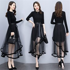 现货2022春秋冬打底季新款收腰显瘦法式针织拼接网纱打底连衣裙女，女装连衣裙，然然