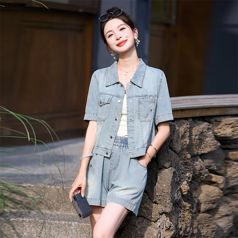 时尚牛仔阔腿短裤套装女夏2025新款洋气减龄复古牛仔小个子两件套,女装套装/套裙,意芙