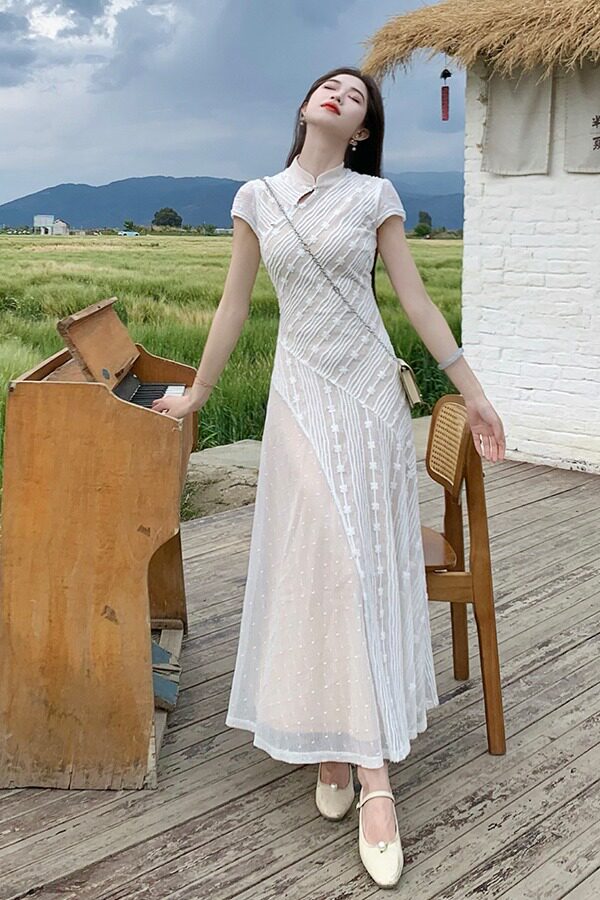 凌茜恣禾冰蚕语白色蕾丝连衣裙女夏绝美新中式改良旗袍薄纱长裙,女装连衣裙,梦白服饰厂