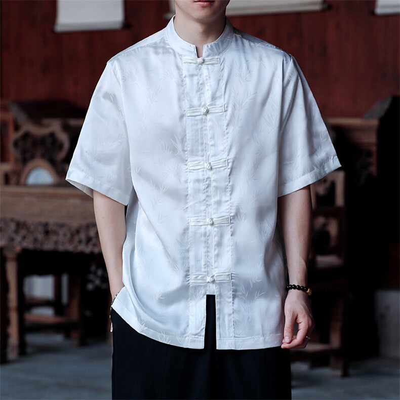 新中式现货男士竹叶缎面立领盘扣短袖衬衫情侣CS9898-P65控89,男装T恤,电商A021