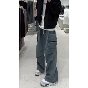 春款热卖货足裤子直筒休闲牛仔裤百搭高街工装褶皱伞兵裤K646TP55图片