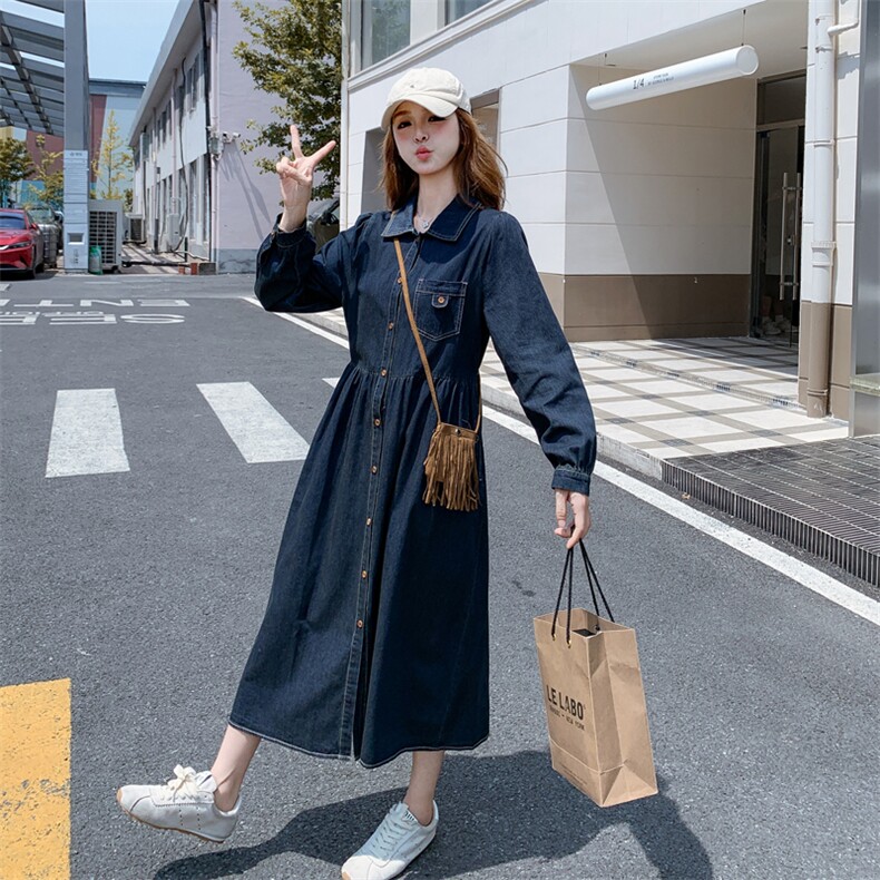 2026秋装新款休闲时尚长袖砂洗牛仔蓝色连衣裙182-8659-P155K228，女装连衣裙，帛香坊