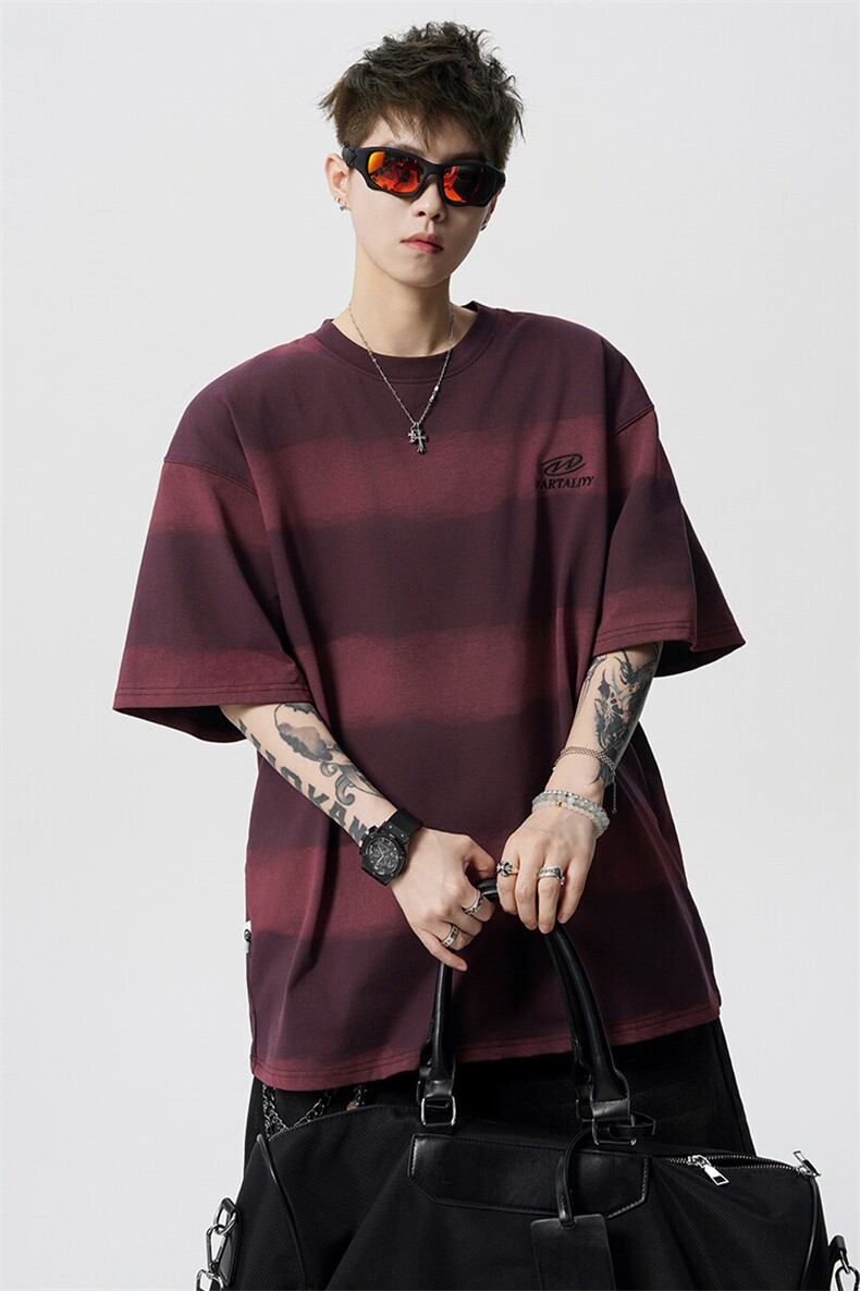 8XL-M高品质纯棉扎染条纹短袖T恤男宽松美式复古半袖情侣DX339,男装T恤,电商D206-1