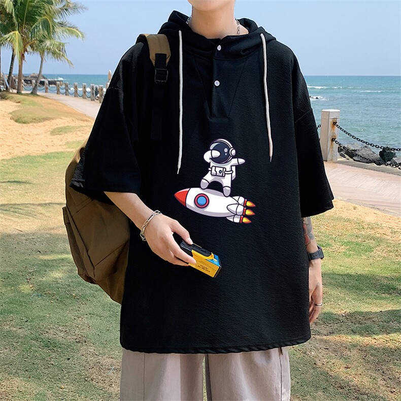 LD54158-P45 连帽短袖t恤男大码胖子带帽五分袖中袖图片