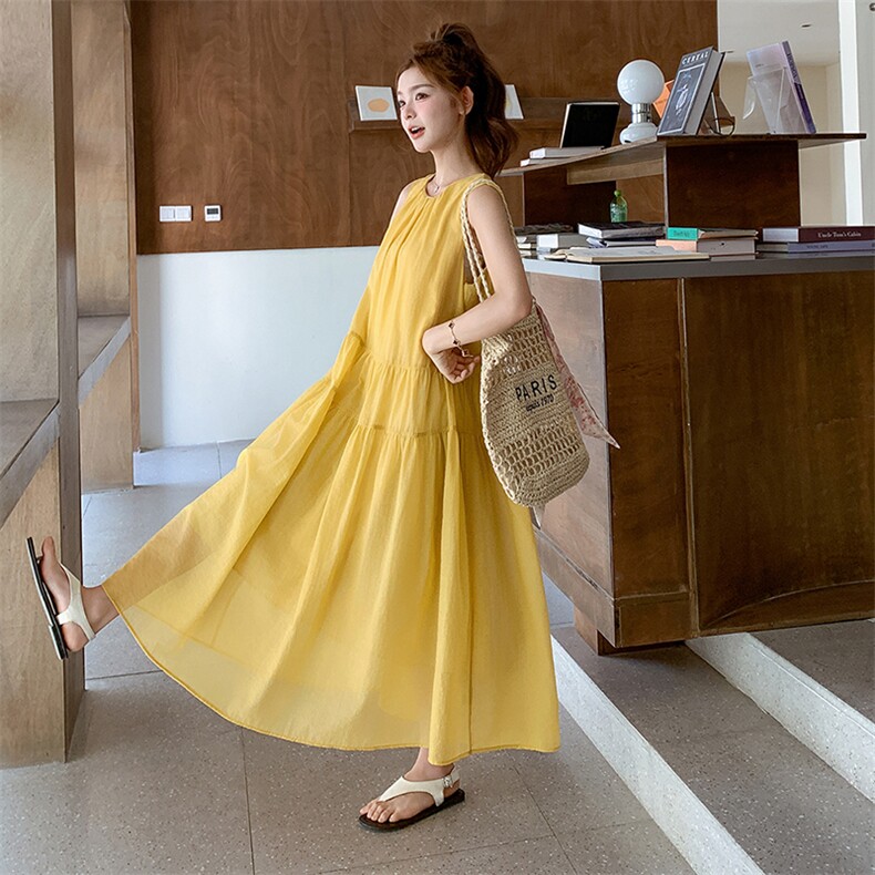 黄色甜美宽松无袖连衣裙女2025夏季新款韩版宽松简约初恋背心长裙,女装连衣裙,浙宝305