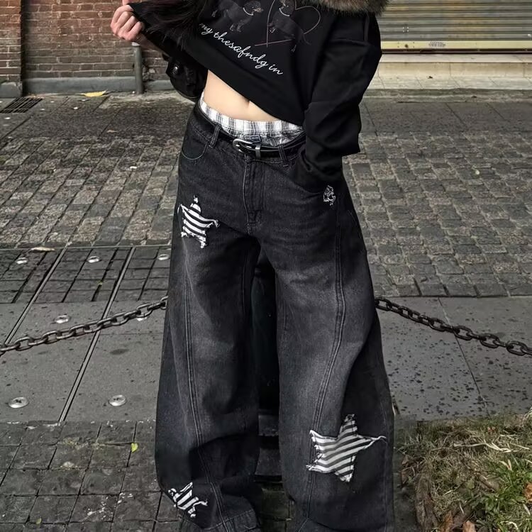 高个子加长甜酷辣妹星星贴布牛仔裤女侧边拉链设计直筒阔腿裤,男装牛仔裤,四季星座505