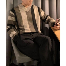 慵懒风竖纹V领轻奢风针织衫男宽松休闲撞色套头长袖毛衣MB183，男装针织衫/毛衣，星座1116A（原606A-3）