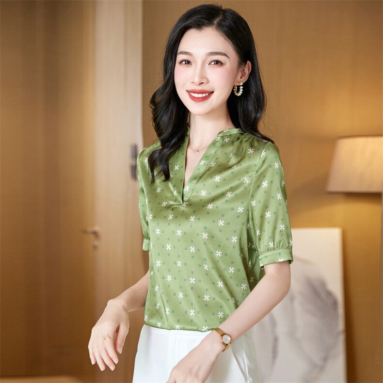 v领真丝衬衫女短袖夏季2025新款宽松大码印花桑蚕丝上衣中年妈妈,女装衬衫,阿舍尔精品