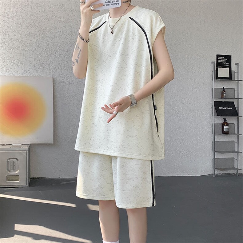 TZ783-特P50控88夏季T恤半拉链扎染冰感冰丝大码无袖短裤套装，男装休闲套装，电商A059