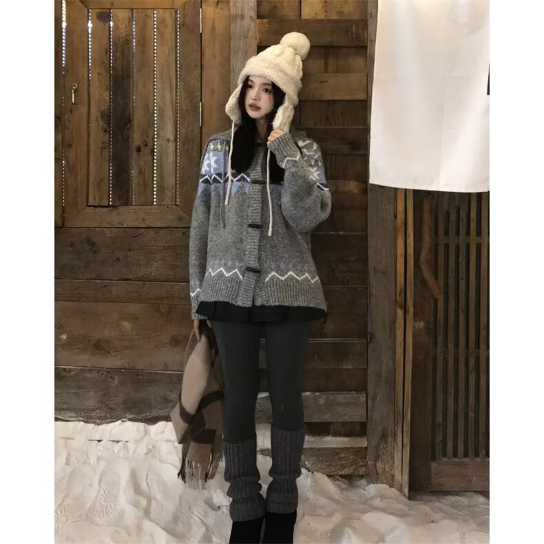 2025复古费尔岛提花毛衣开衫女翻领牛角扣外套设计感针织上衣,男装针织衫/毛衣,星座506A