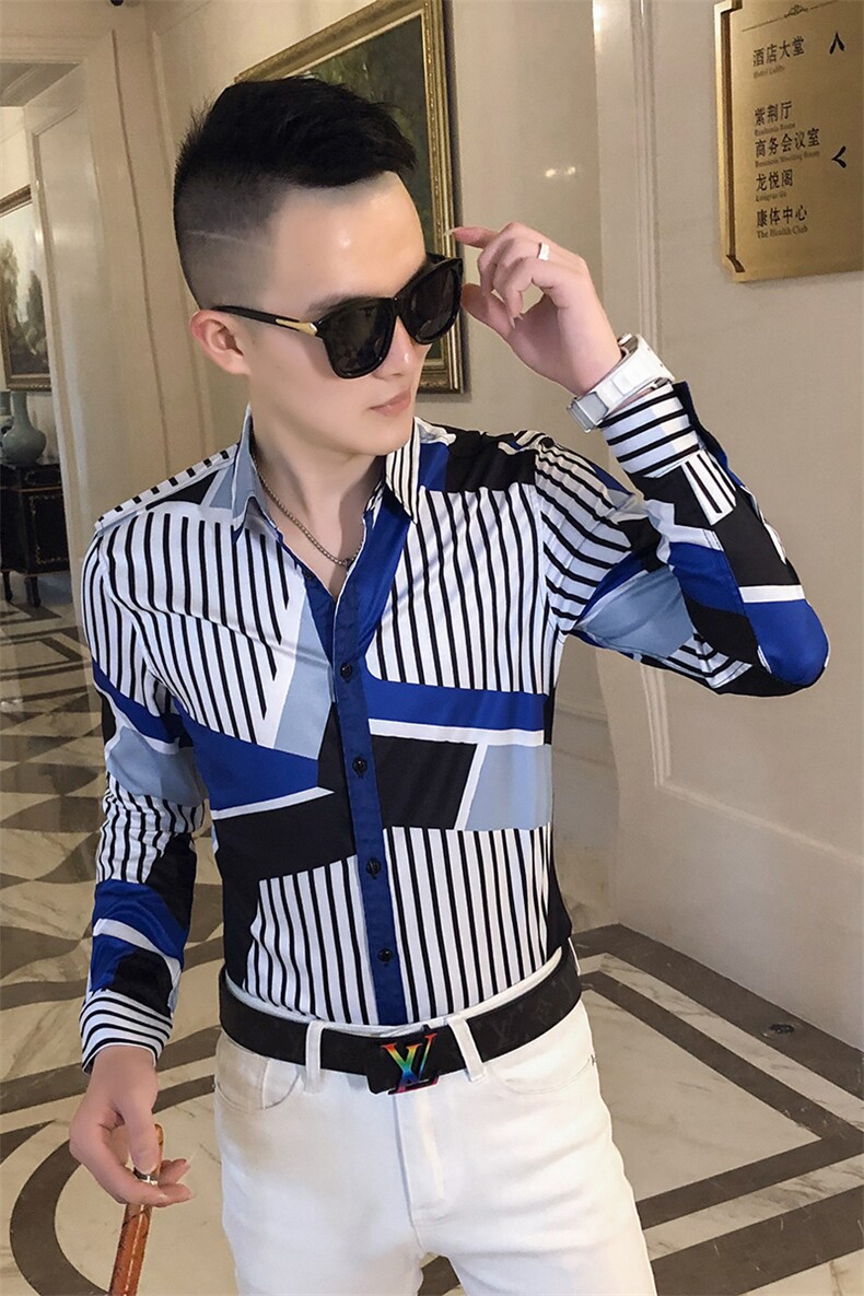 2021春秋衬衫社会男长袖上衣菱格男装韩版修身四季潮流衬衣Q604-P55,男装衬衫,星座419（原A233）