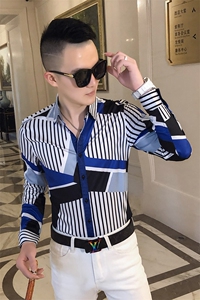 2021春秋衬衫社会男长袖上衣菱格男装韩版修身四季潮流衬衣Q604-P55图片