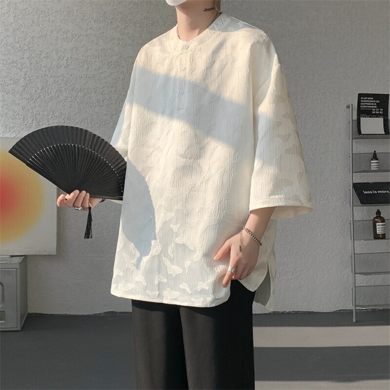 8XL-M风蝴蝶t恤大码唐装新中式七分袖棉麻冰丝短袖DX1208P48,男装T恤,电商B238