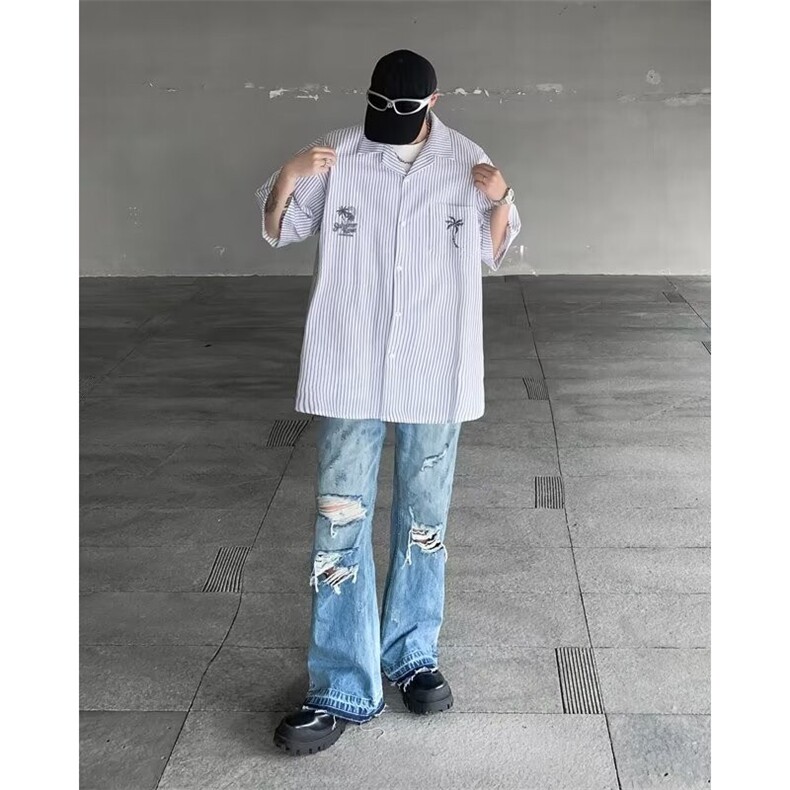 复古竖条纹针织短袖衬衣男2024夏季潮流宽松半袖衬衫休闲,男装衬衫,星座716-4