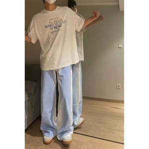 网络图现货牛仔裤男女褶皱阔腿裤洗水长裤垂感直筒拖地裤R815-P55图片