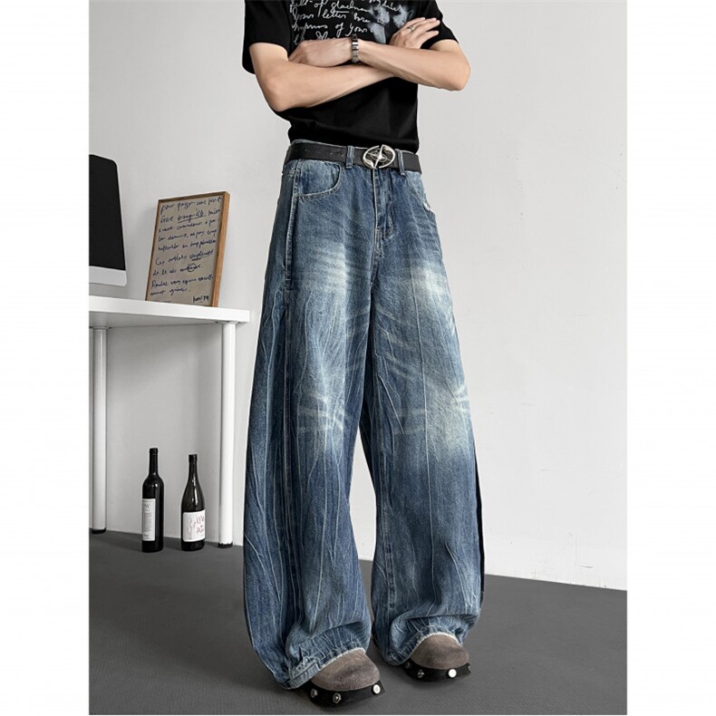 美式复古水洗竹节纹镰刀裤宽松廓形直筒阔腿弯刀牛仔裤NZ651-P56,男装牛仔裤,星座308B-2