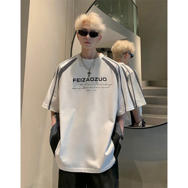 插袖撞色T恤X5532-TP3558美式潮牌T恤男夏季薄款宽松上衣,男装T恤,电商A102
