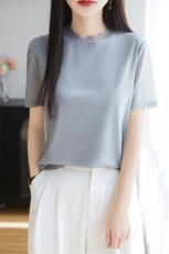 夏季新款时尚百搭简约女士小银标领边蕾丝镂空短袖，女装T恤，臻维羊绒