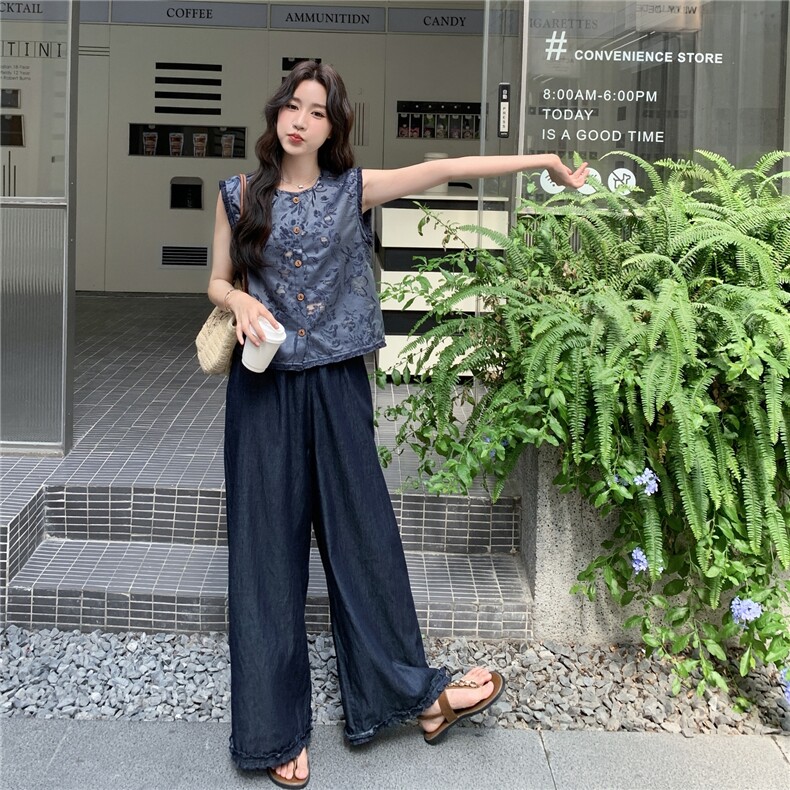 新款 现货主推提花上衣+薄款牛仔阔腿裤套装2595-P155-K228图片