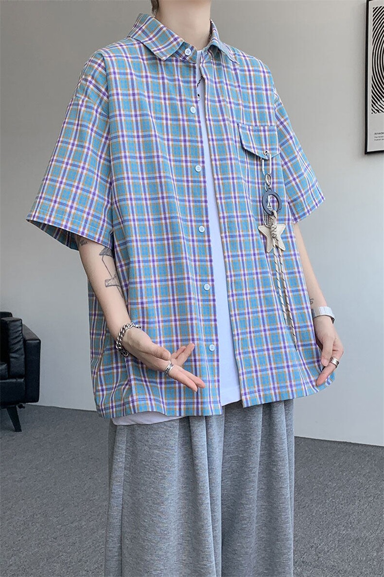 （带配件）CS1151-特批40控78夏季新款男女格子短袖大码男衬衫,男装T恤,电商A059
