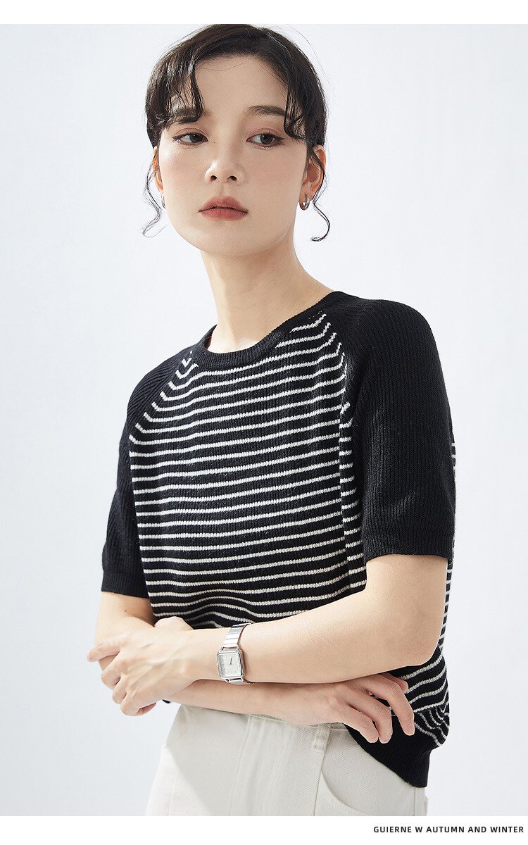 2025春夏条纹针织衫精纺羊毛短袖女宽松显瘦插肩,女装T恤,德聚羊绒