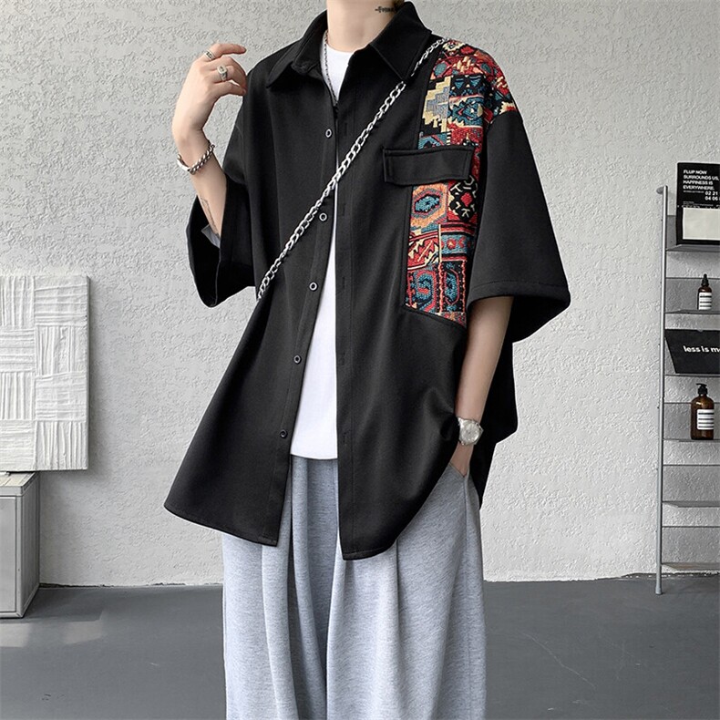 8XL-M民族风拼接短袖衬衫男夏季痞帅半袖衬衣薄款外套DC28009P45,男装衬衫,电商B312