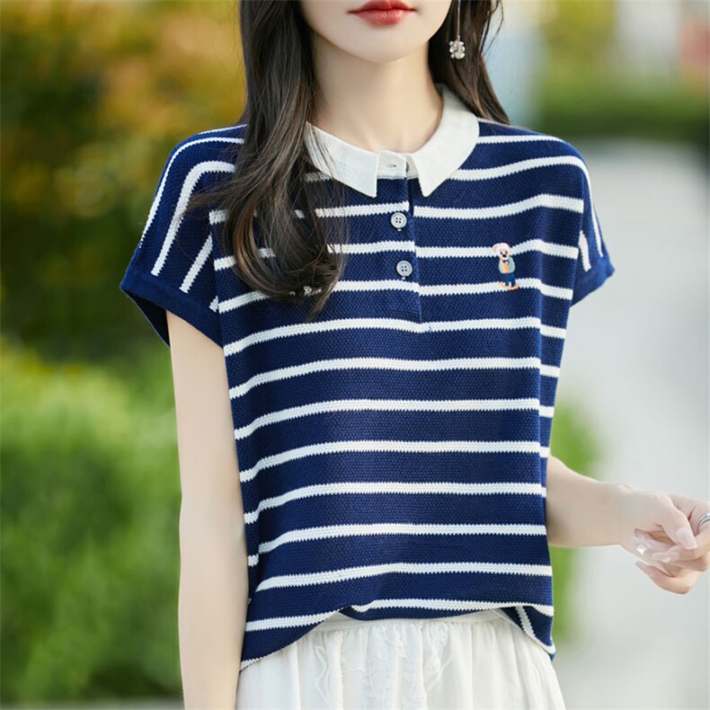 2025年夏季新款时尚百搭短袖T恤女高级感洋气打底衫条纹上衣,女装T恤,暖烁特种纱工厂店