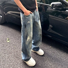 美式潮牌做旧扎染牛仔裤男高街痞帅设计感直筒阔腿长裤L21277-P50，男装牛仔裤，星座1008