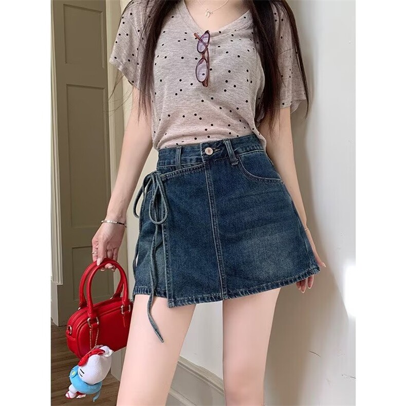 复古牛仔半身裙女2025夏季小个子包臀a字不规则抽绳短裙裤子潮流,男装休闲裤,星座1210-1