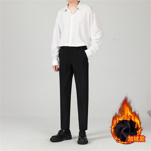 冰丝套装夏季九分西裤男宽松韩版休闲长裤免烫抗皱长袖衬衫两件套图片