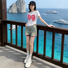 学院风网红时尚套装女夏款圆领刺绣蝴蝶结短袖阔腿牛仔短裤两件套，女装套装/套裙，江南