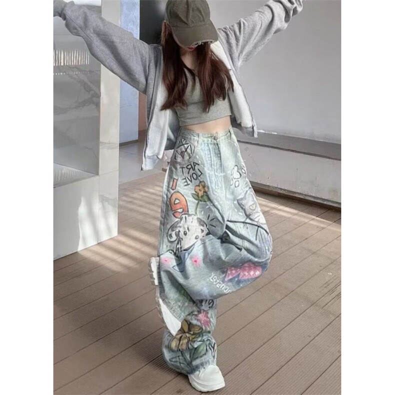 趣味猫狗手绘涂鸦牛仔裤女春秋新款高腰宽松直筒阔腿裤子N9526,男装牛仔裤,星座1116A（原606A-3）