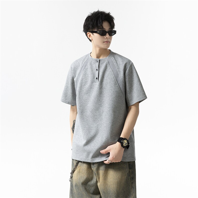 2025夏季新款港风日系纯色亨利领短袖T恤男潮XZ213-TX15-P35控58,男装T恤,星座213