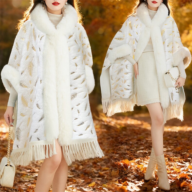 芷墨2025大毛领宽松时尚百搭大衣加绒加厚斗篷披肩连帽毛呢外套女，女装毛呢外套，芷墨服饰