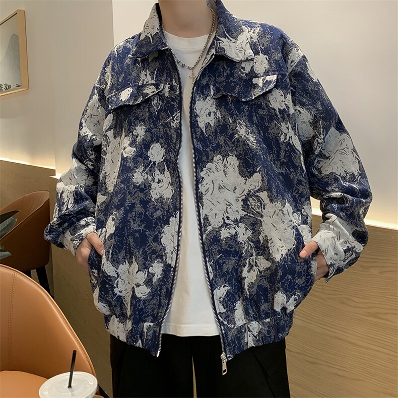秋款男夹克扎染鲜花印花提花休闲外套JK8535 P65图片