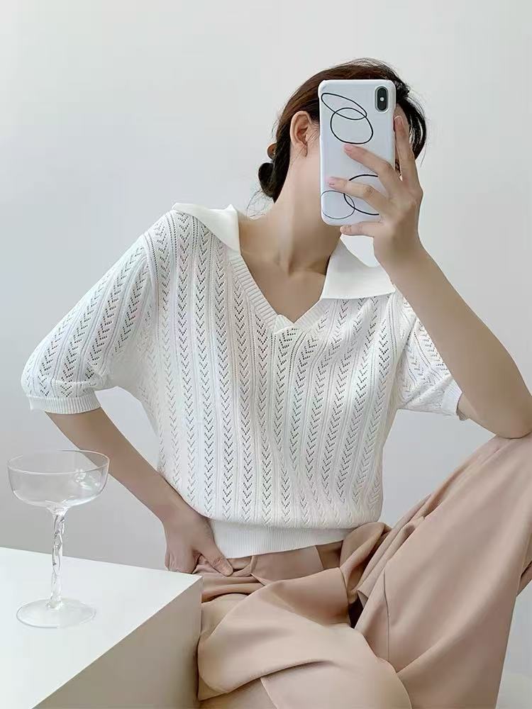 2025新款夏季薄款翻领针织短袖女宽松显瘦百搭休闲上衣,女装T恤,百纯羊绒