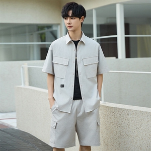 休闲套装男夏季薄款衬衫男士短袖短裤两件套衬衣帅气3388-P70图片