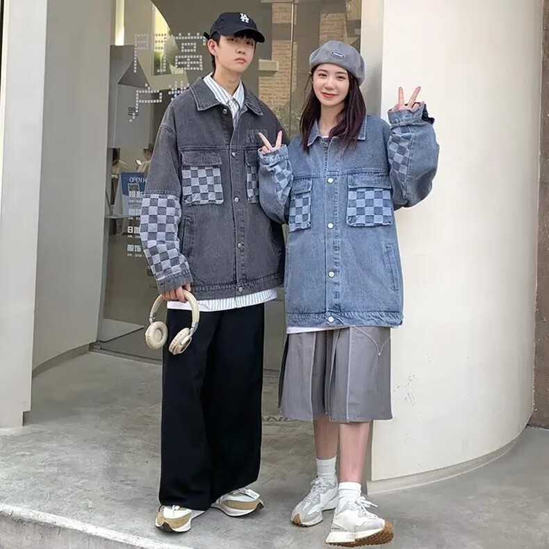 情侣装工装棋盘格牛仔外套男春秋季款ins潮牌小众高级感大码夹克,男装工装外套,星座218-8