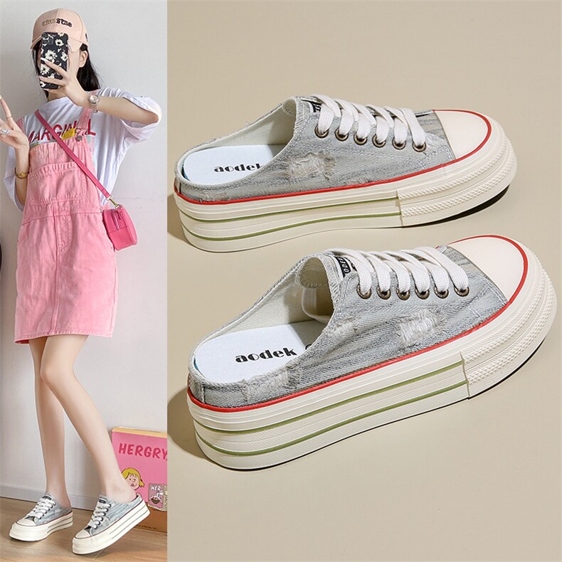 帆布鞋女2024夏季新款学生韩版ins百搭厚底板鞋半拖休闲女鞋，女鞋帆布鞋，星座1407-3