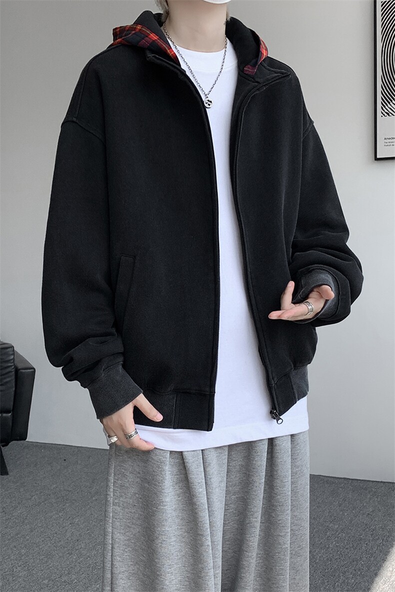 美式做旧假两件连帽卫衣男秋季潮牌拉链拼接格子开衫外套WY20P78,女装短外套,电商D206-1