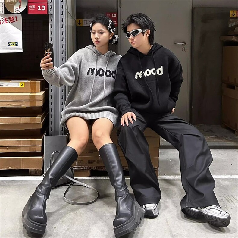 濮院毛衣百搭连帽提花毛衣美式高街宽松版慵懒风针织毛衫冬101P65图片