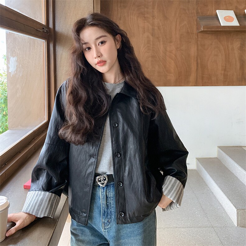 薄款漆皮插肩袖轻职风宽松型皮衣复古短款牛仔风图片