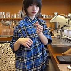 格子短袖衬衫男夏季上衣服情侣半袖衬衣美式宽松外套CS53，男装T恤，星座208-5