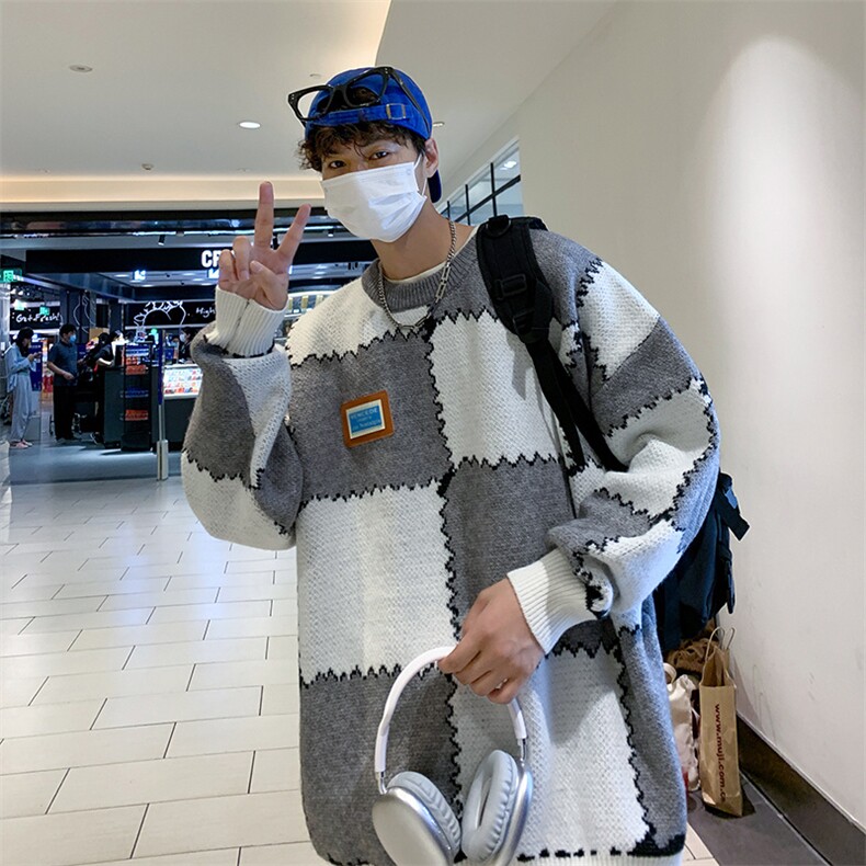 秋冬季情侣慵懒风宽松毛衣男条纹套头日系保暖打底针织衫761/P40图片