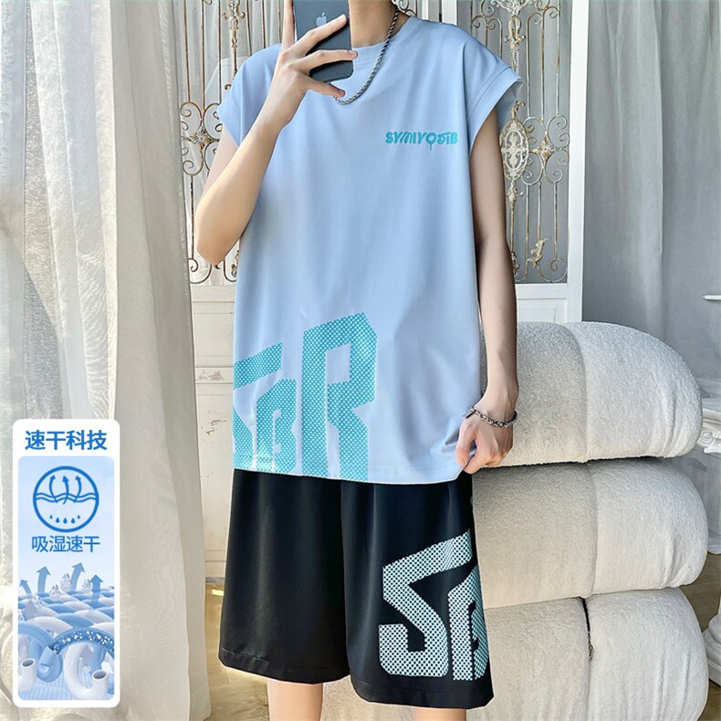 2025夏季新款旋律风车大码冰丝短袖套装M-5XHQ25688-P55，男装休闲套装，电商A022