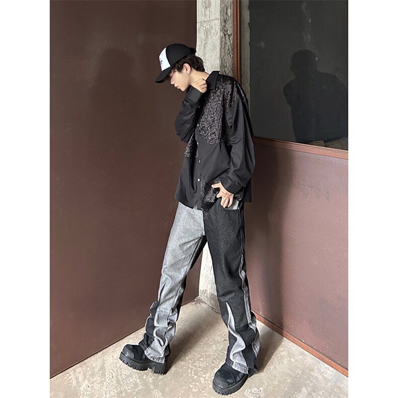 B221美式ins高街小众情侣个性款拼接微喇牛仔裤LK23095-P65控88,男装牛仔裤,电商B221