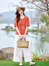 时尚优雅绣花套装女2026夏季新款复古气质宽松阔腿裤两件套，女装套装/套裙，魅影