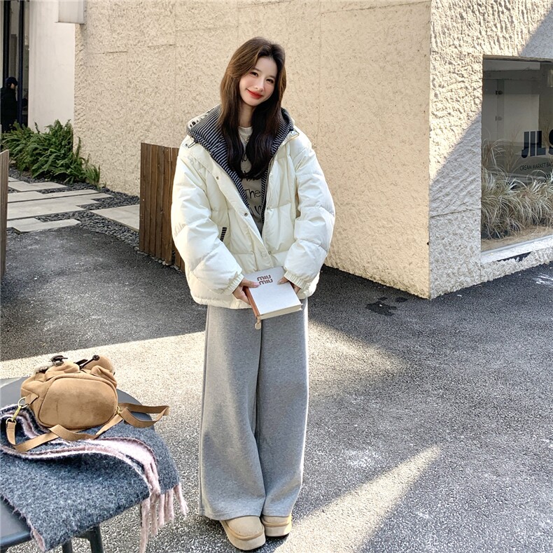 设计感假两件条纹连帽羽绒服女冬季宽松加厚面包服保暖外套,女装羽绒服,维壹